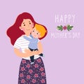 Happy motherÃ¢â¬â¢s day card. Mother carrying her little son